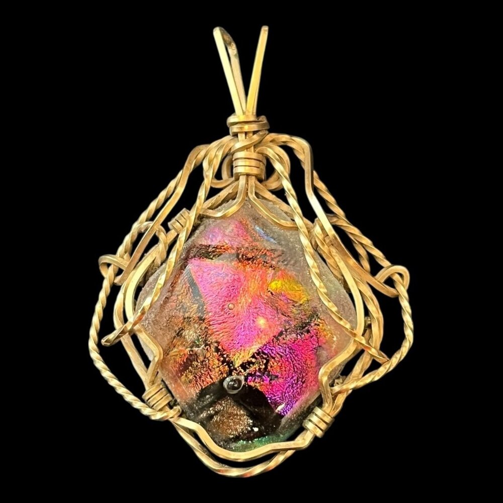 Artist Made Multicolor 2" Gold Plate Wrapped Dichroic Glass Cabochon 1.75"